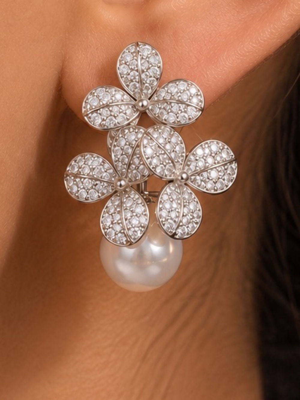 Pearl Drop Floral Crystal Stud Earrings - Women Jewelry